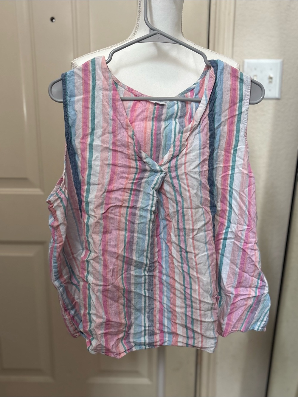 Time and Tru Sleeveless V-Neck Tank with Pink, Blue, Green and White Stripes